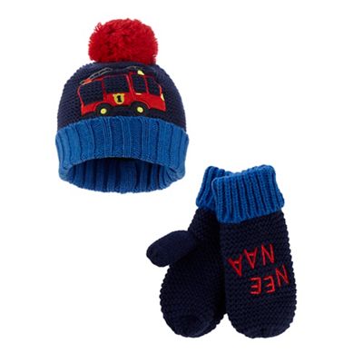 bluezoo Boys' navy fire engine applique beanie hat and mittens set
